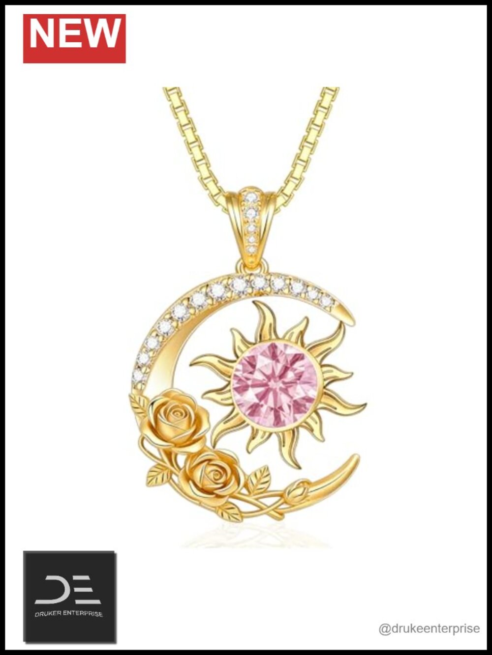 18K Gold Sun Moon Star Pendant Necklace Tourmaline Rose Flower Adjustable Chain